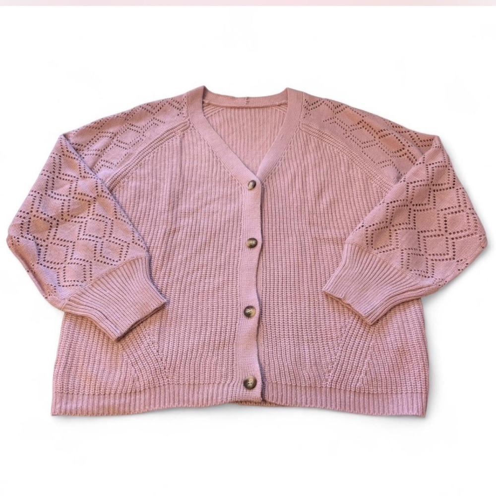 Chunky Knit Pastel Pink Cardigan Sweater Women’s 2XL Cottage Coquette Button Up